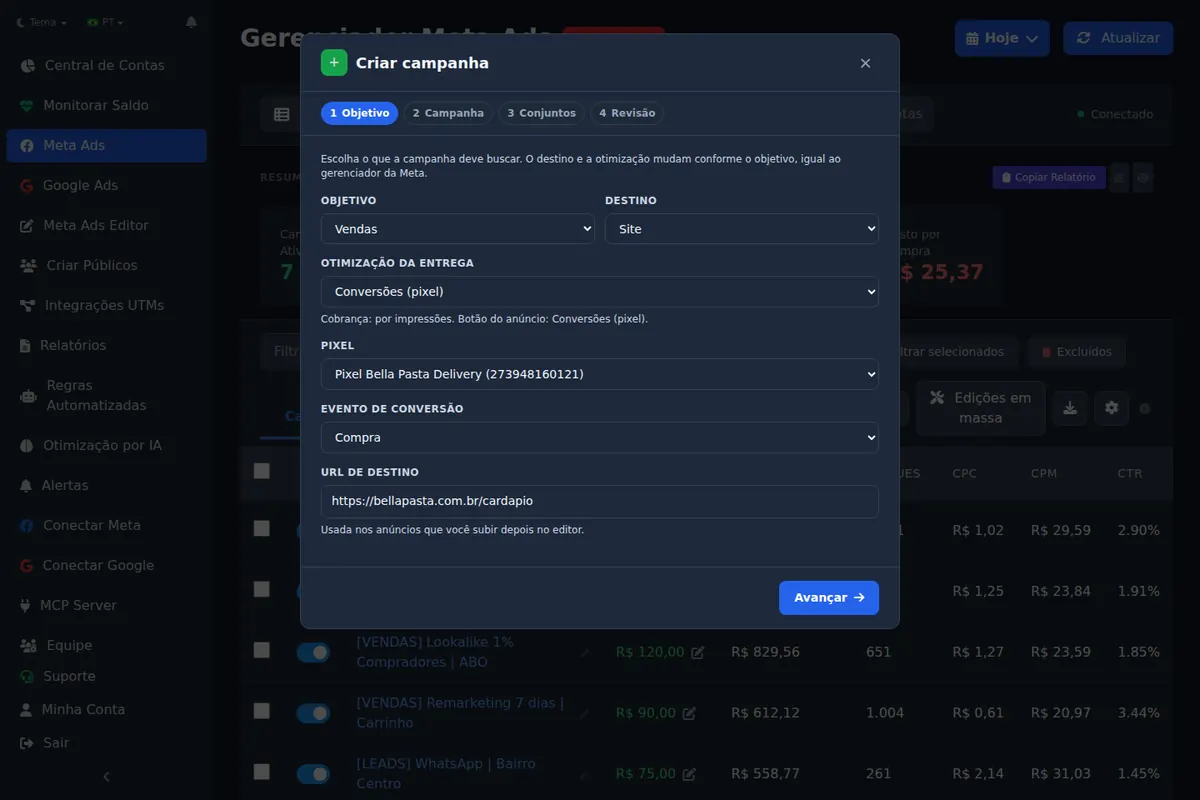 Criação de campanha Meta Ads no Ads Editor com escolha de orçamento na campanha ou no conjunto