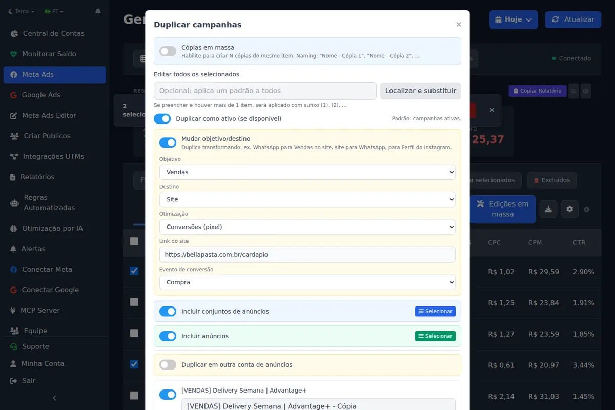 Duplicar campanha trocando objetivo e destino no Ads Editor