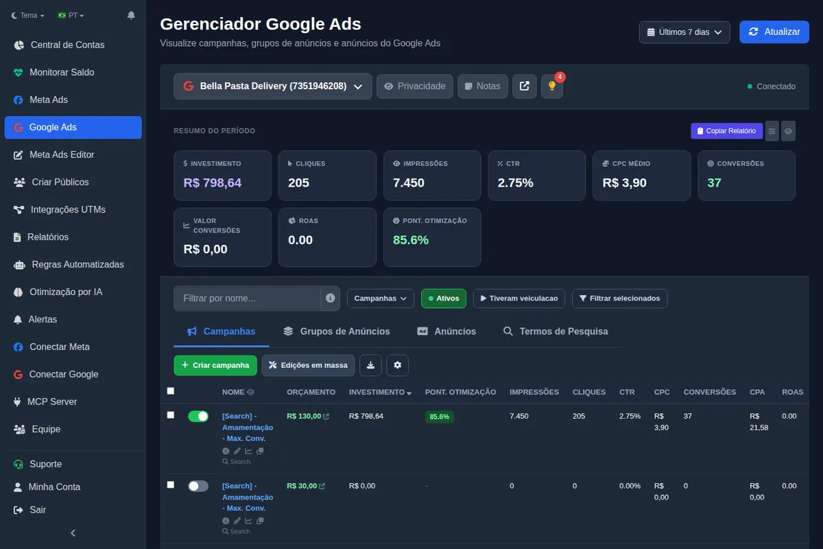 Gerenciador Google Ads do Ads Editor com campanhas, custo, conversões e taxa de otimização