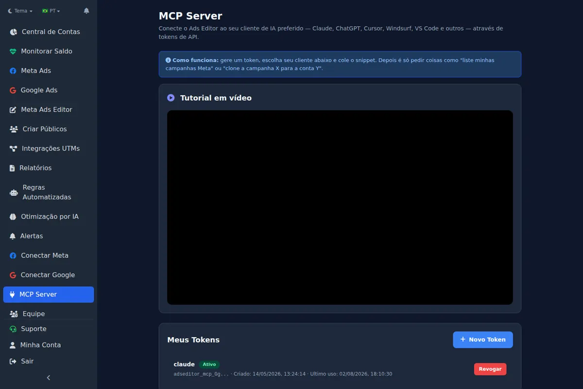 Tela MCP Server do Ads Editor com tokens e instruções para conectar Claude, ChatGPT e Cursor