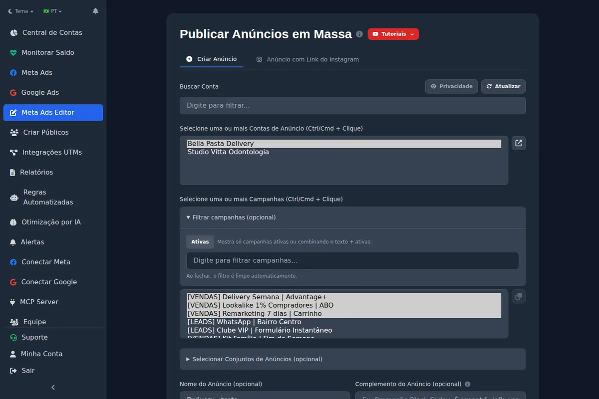 Publicação em massa do Ads Editor com seleção de conta e campanhas para publicar variações como anúncios separados